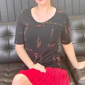 SUSAN LAWRENCE Red Black Vintage 1980s Floral Scoop Neck Top